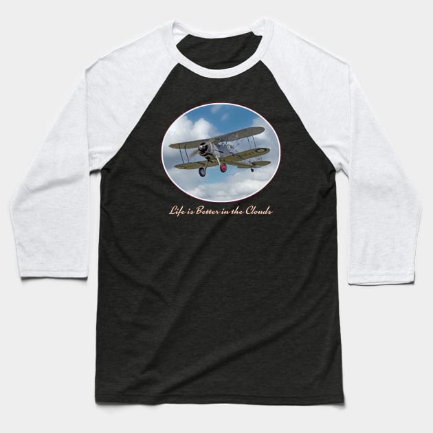 Vintage Biplane - Cool retro plane "Life is Better in the Clouds" Baseball T-Shirt by jdunster